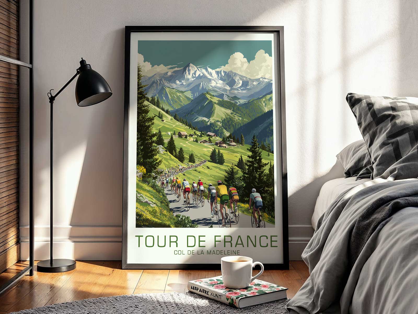 Panoramic vintage poster showing the valley far below to emphasize altitude and the expansive view from the climb