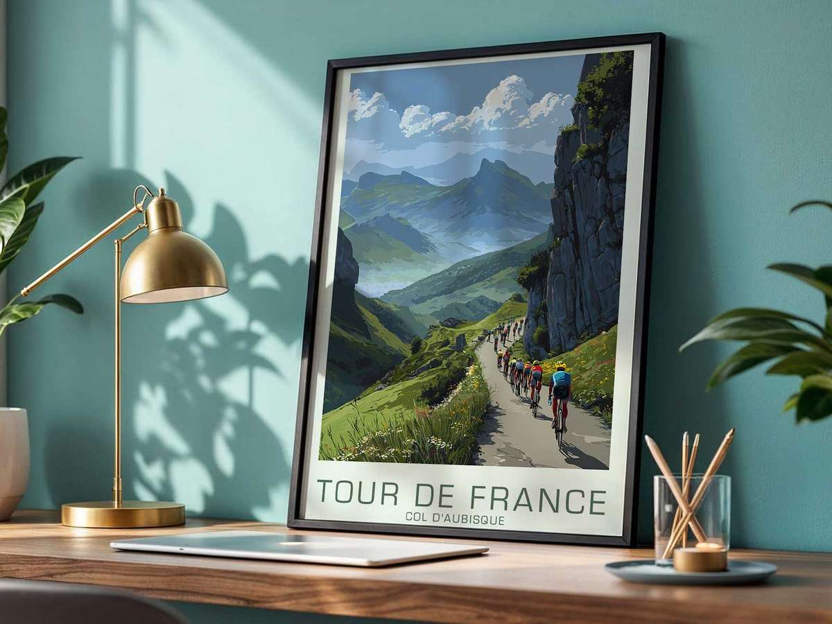 Vintage-style panoramic poster looking down from a ridge at the valley below, stressing altitude and expansive landscape