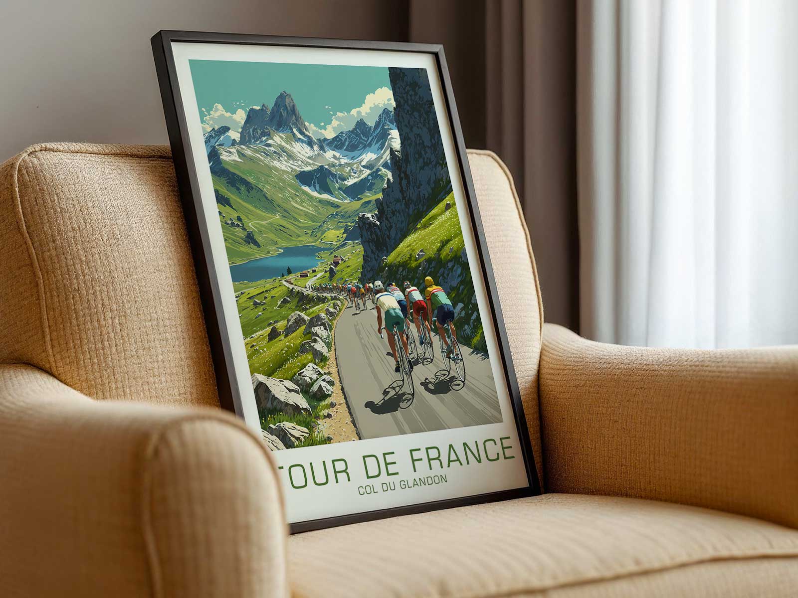 Wide-format poster offering a panoramic valley view from the Col du Glandon, showing distant peaks and descending roads