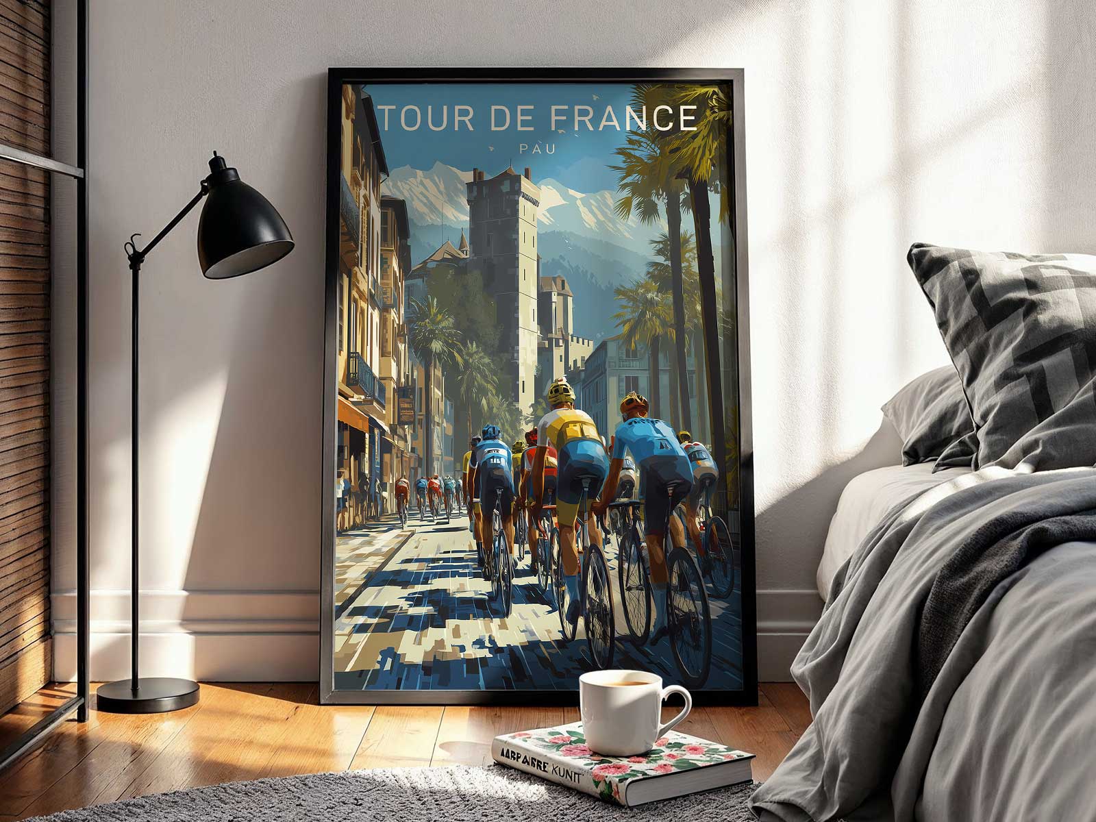 Minimal Pau-inspired poster showing a racing bicycle silhouette framed against soft hills, emphasizing the bike as central…