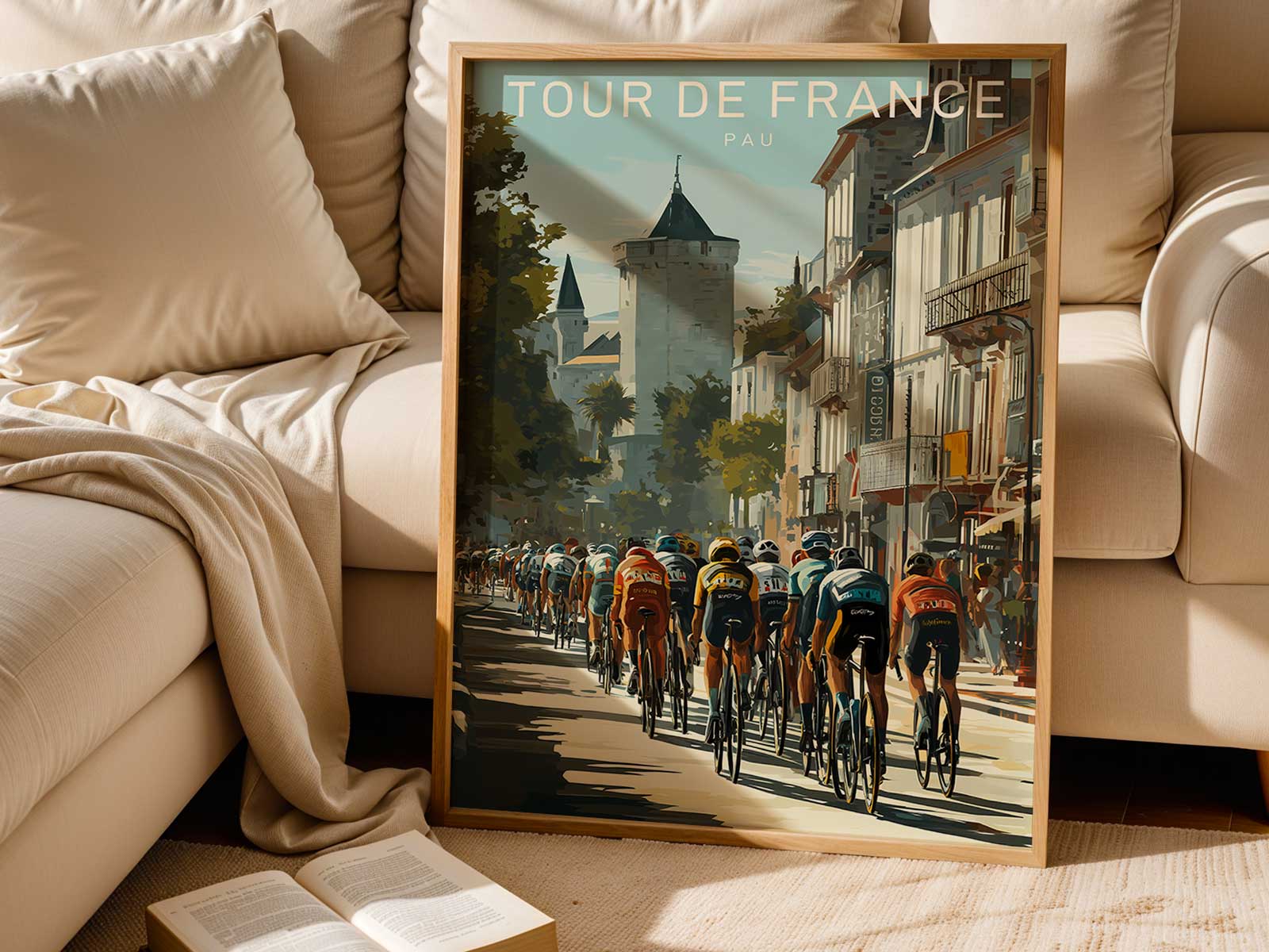 Close-up of a vintage Pau bike race poster showing the town center illustration, aged paper texture and muted colors