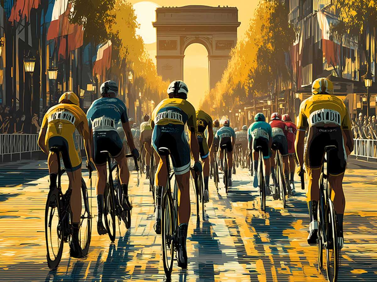 Close-up retro poster detail of the compressed peloton mid-sprint, cyclists' silhouettes and wheel arcs overlapping to show…
