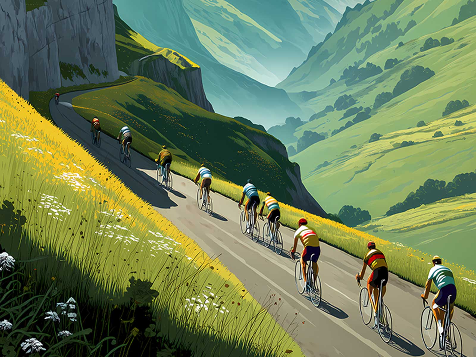 A peloton beginning to fracture on the Col d’Aubisque with a few riders breaking clear amid steep switchbacks