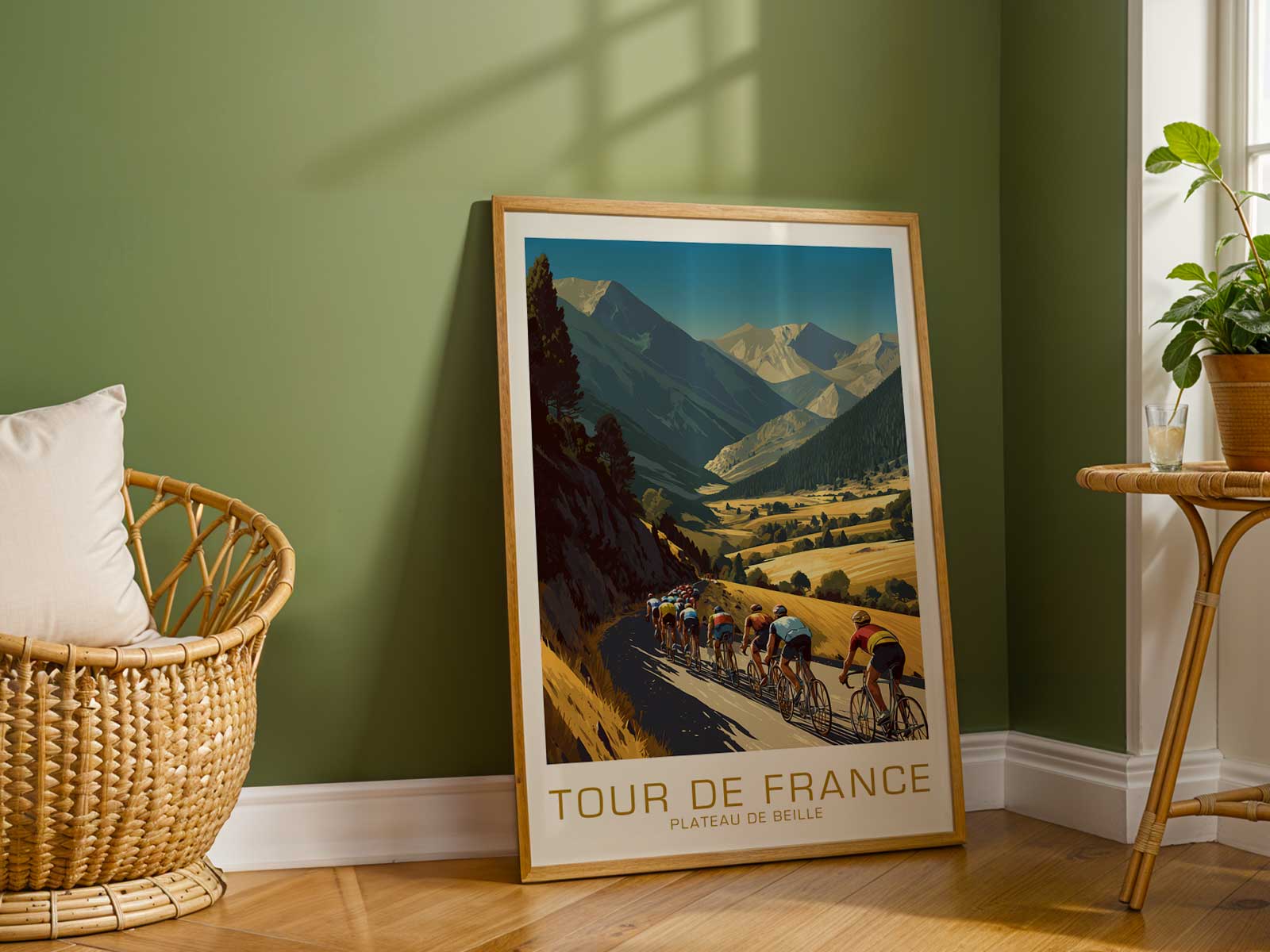 A compact peloton cutting through morning mist on the Plateau de Beille, colors softened for a refined interior aesthetic