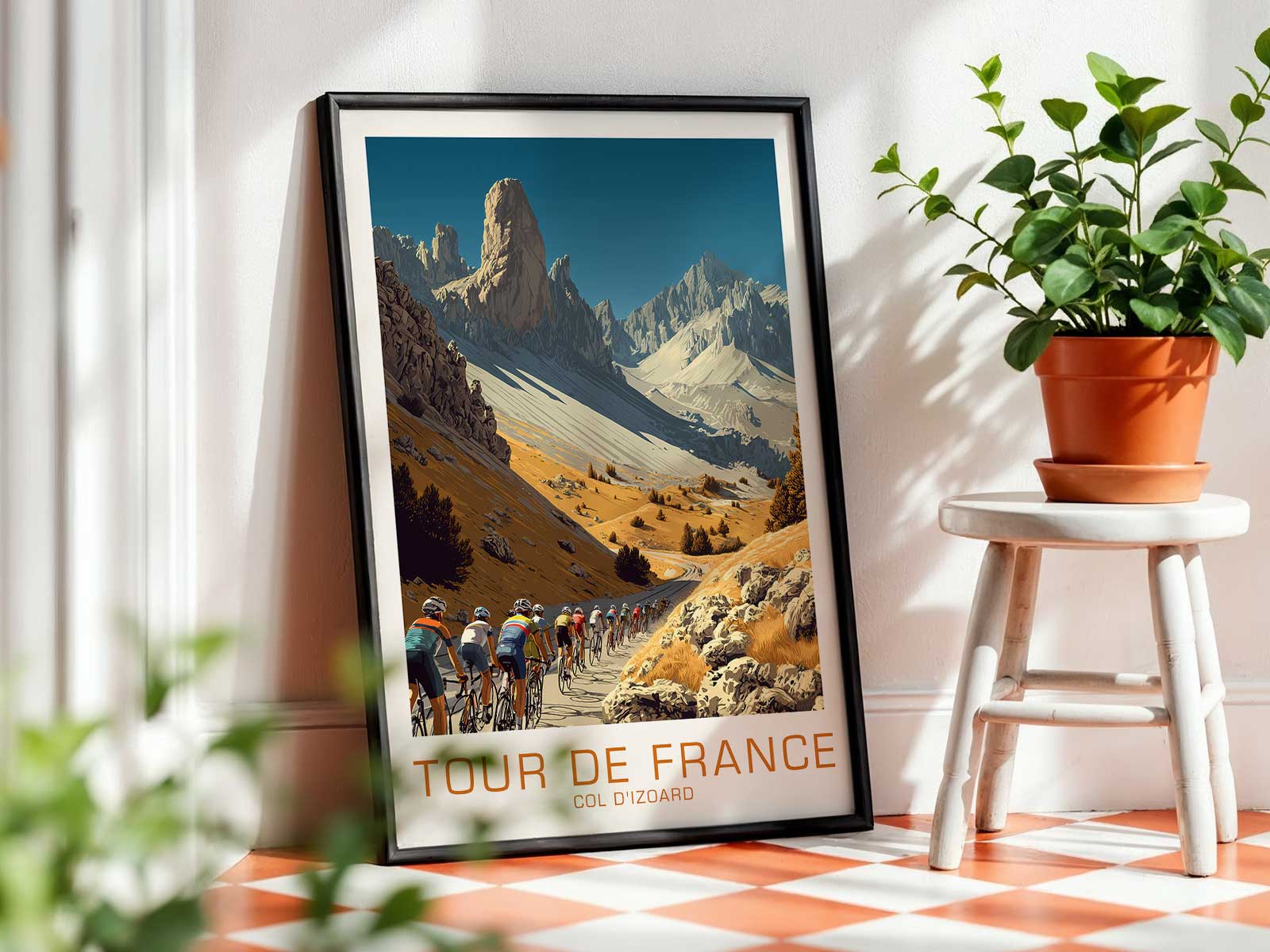 Silhouetted peloton ascending Col d'Izoard at dawn in a retro poster style
