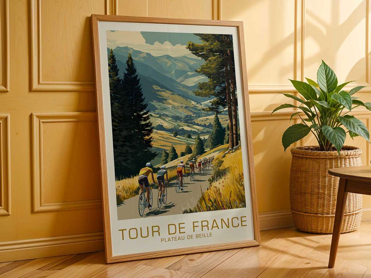 Silhouetted peloton on the vintage poster set against the stylized Plateau de Beille landscape, evoking race history