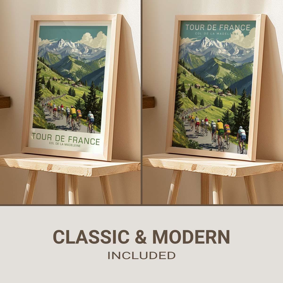 Vintage-style poster showing the silhouette of a lone rider against the summit ridge of Col de la Madeleine with dramatic sky