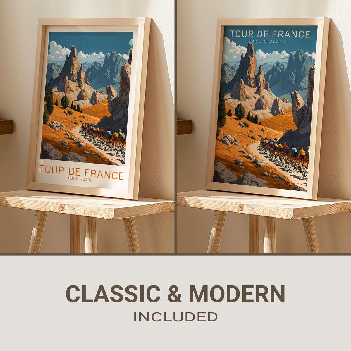Wide-format vintage poster of Col d'Izoard showing winding mountain road, rocky outcrops and a distant peloton