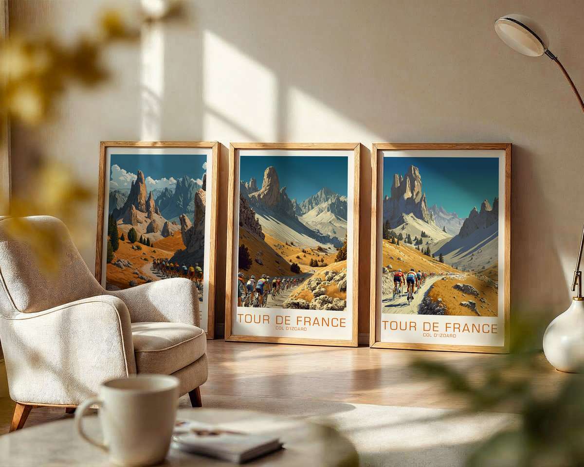 Wide-format vintage poster of Col d'Izoard showing winding mountain road, rocky outcrops and a distant peloton