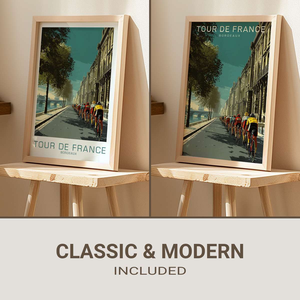 Full vintage poster showing cyclists passing Bordeaux landmarks with aged paper texture