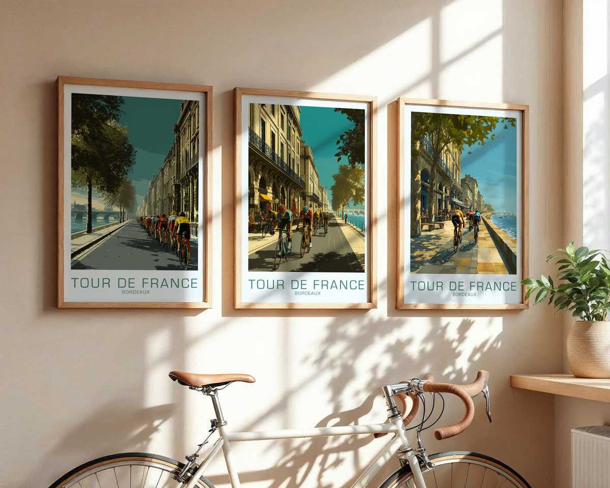 Full vintage poster showing cyclists passing Bordeaux landmarks with aged paper texture