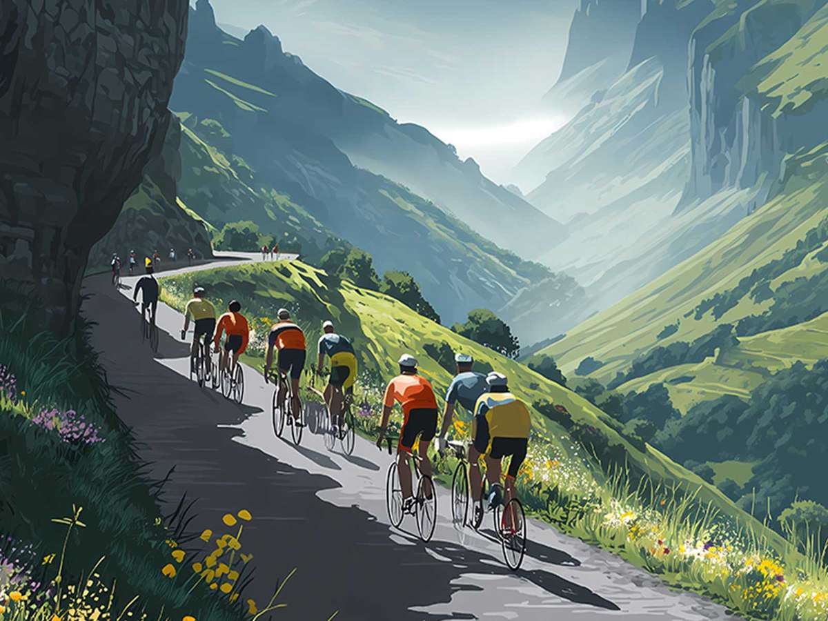 Vintage poster depiction of a winding mountain road cutting across steep slopes, illustrating the long, relentless climb