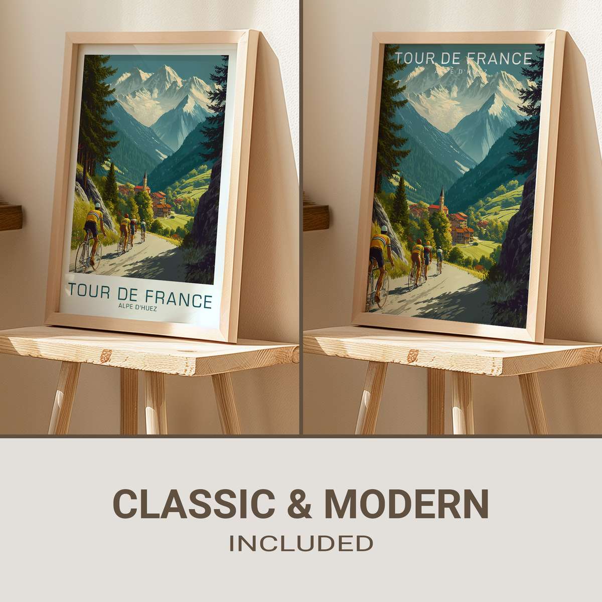 Vintage poster showing the spiral hairpins of Alpe d’Huez with a lone cyclist winding upward under clear alpine light