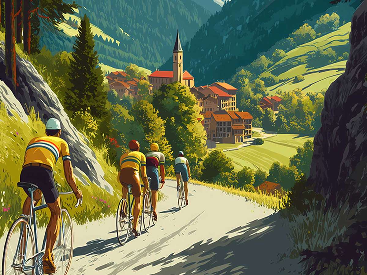 Silhouette of a cyclist near the sunlit summit of Alpe d’Huez with long shadows stretching down the slope