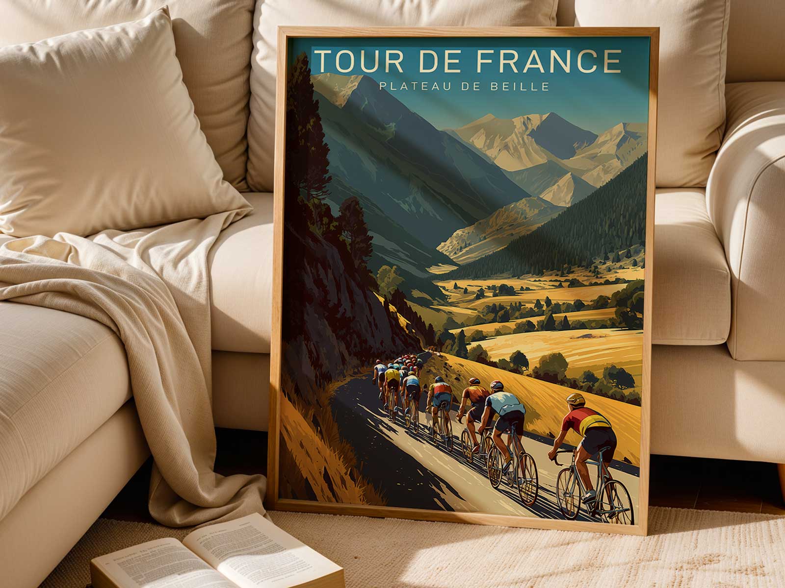 Cyclist ascending a winding road toward the Plateau de Beille summit under dramatic sky, poster-style composition