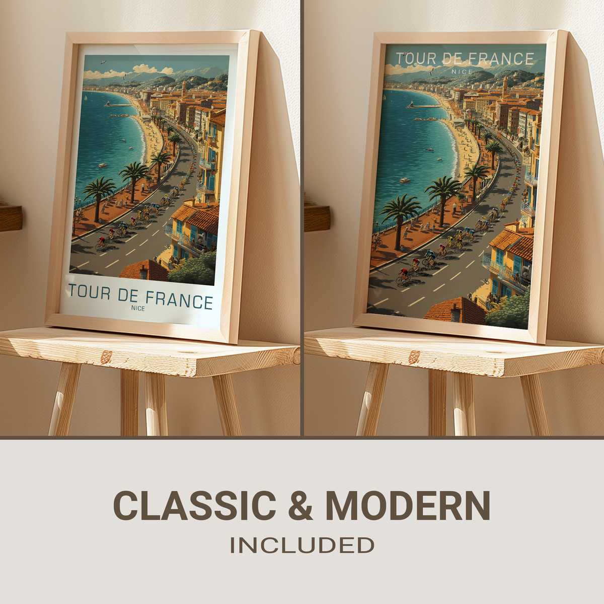 Bike poster view of Nice seafront at golden hour with cyclists on the Promenade des Anglais and warm sea light