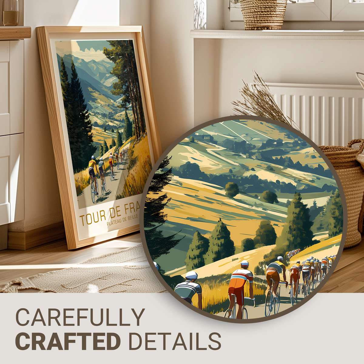 Stylized poster of Plateau de Beille showing layered mountain skyline, a winding road and a lone cyclist ascending under a…