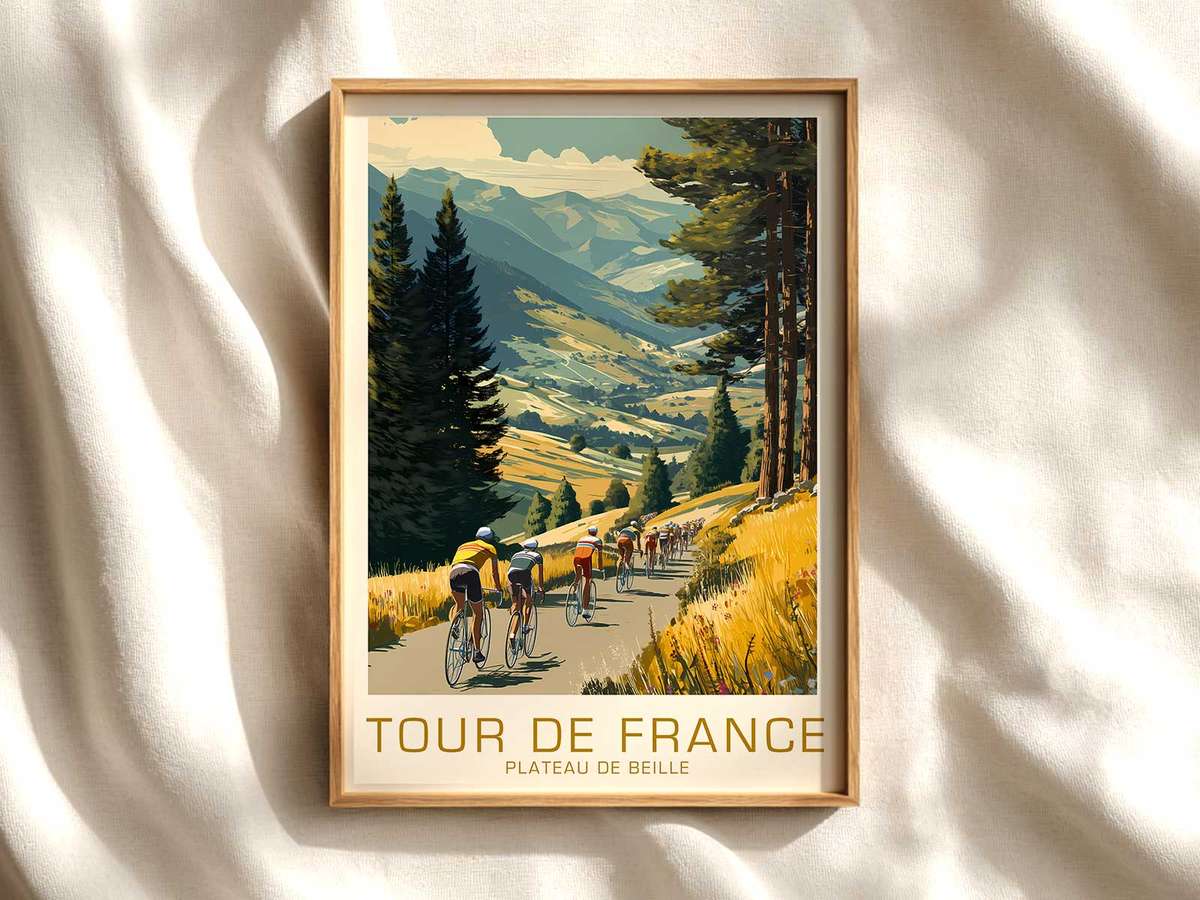 Stylized poster of Plateau de Beille showing layered mountain skyline, a winding road and a lone cyclist ascending under a…