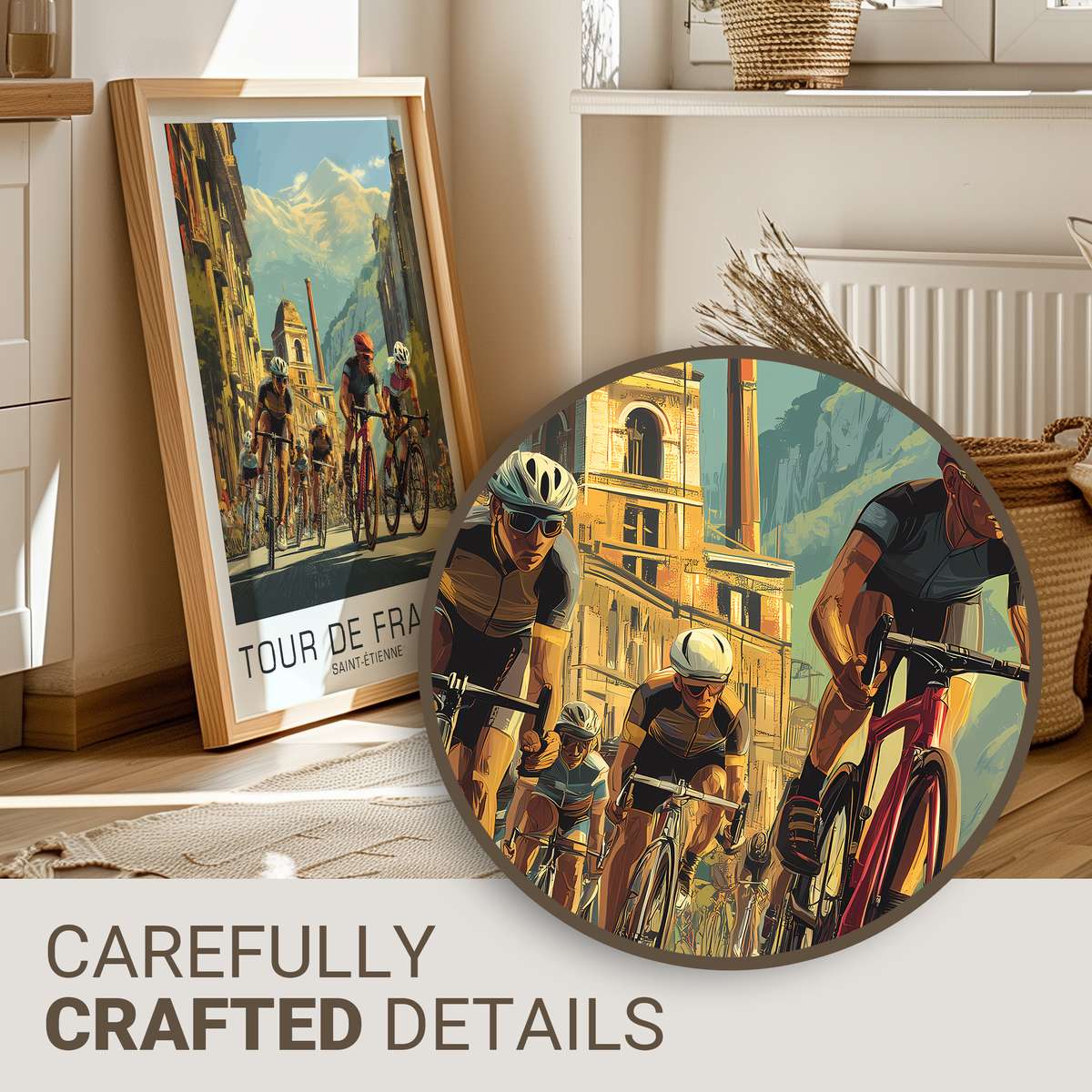 Framed vintage-style Saint-Étienne poster displayed on a neutral wall, showing a classic Tour de France cyclist silhouette…