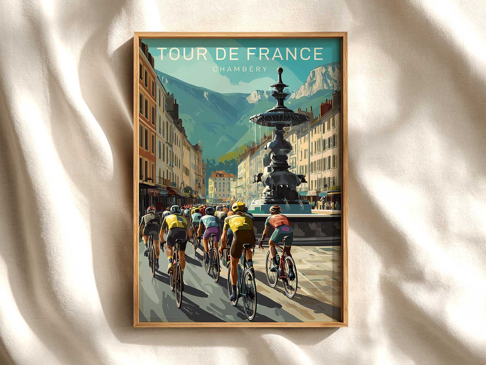 Vintage Chambéry cycling poster displayed above a sideboard in a contemporary living room