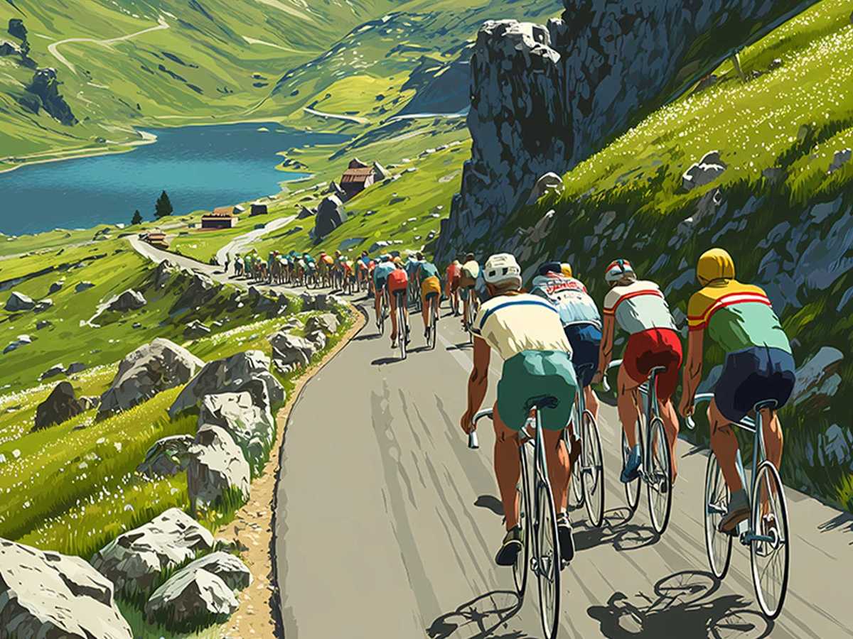 Stylized winding mountain road rendered as bold gradient stripes climbing toward distant peaks