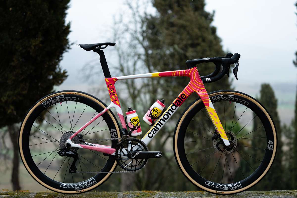 Lightweight climbing bike frame leaning against a stone wall with a mountainous backdrop