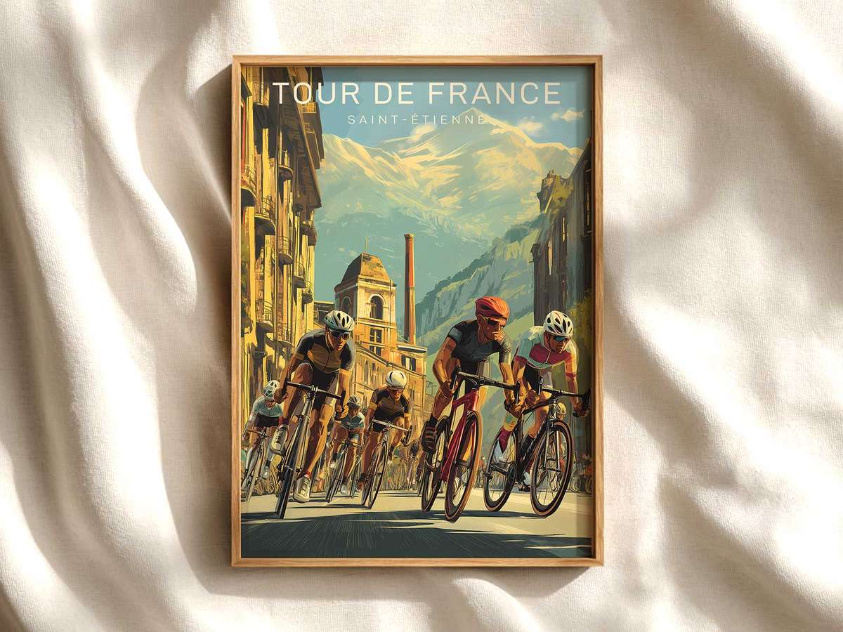 Saint-Étienne Vintage Poster Overview cycling poster displayed as elegant bike racing wall art