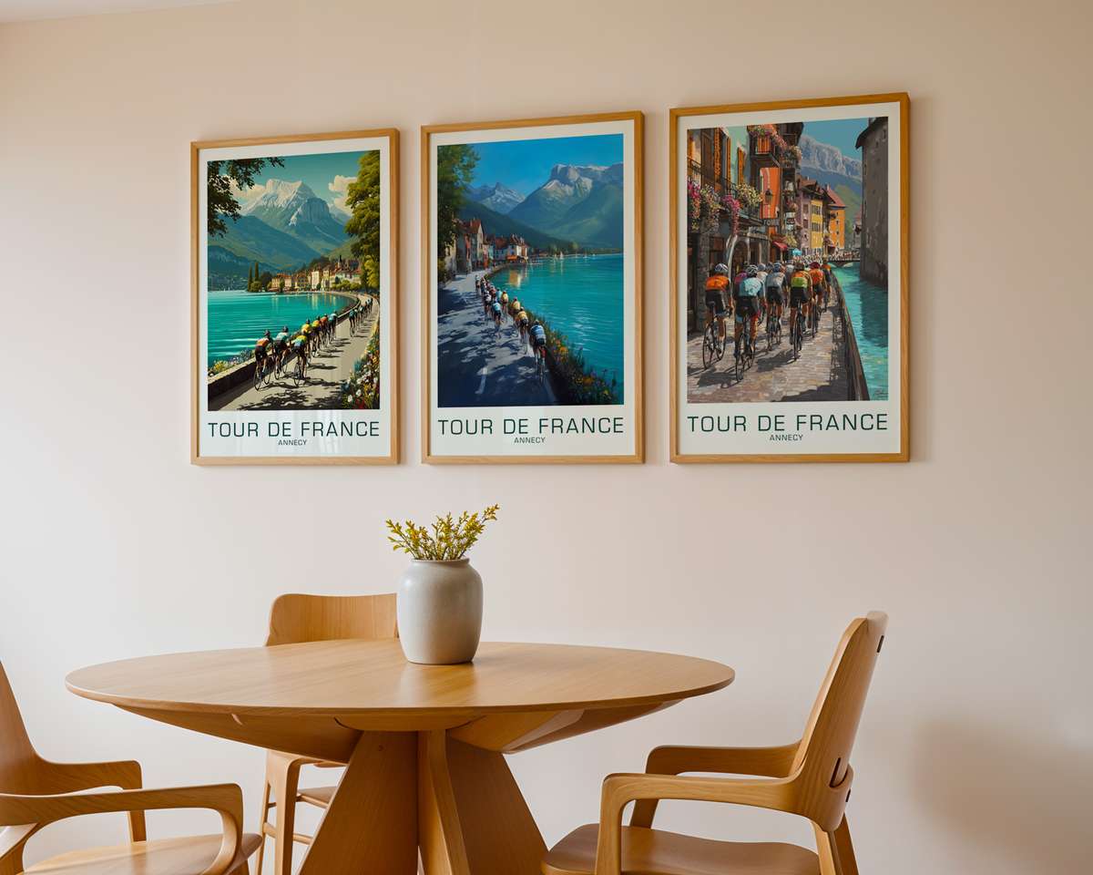 Annecy Vintage Lake View Cycling Art Print cycling poster displayed as elegant bike racing wall art