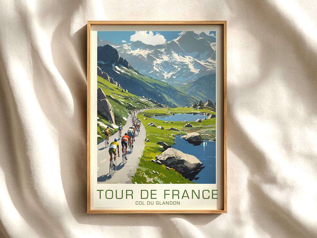 Solo Rider on Glandon Switchbacks cycling poster displayed as elegant bike racing wall art