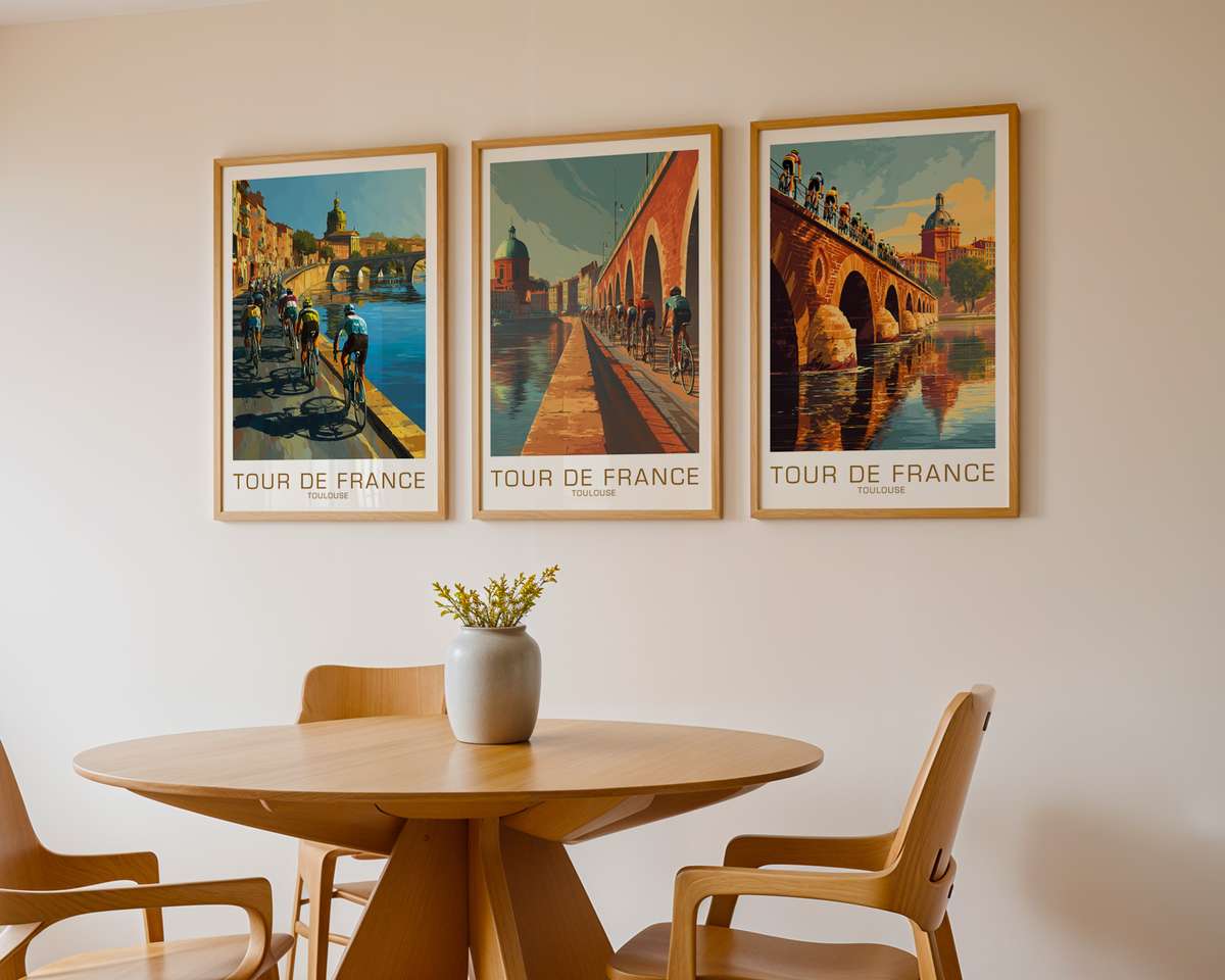 Cyclist silhouette by Toulouse architecture cycling poster displayed as elegant bike racing wall art