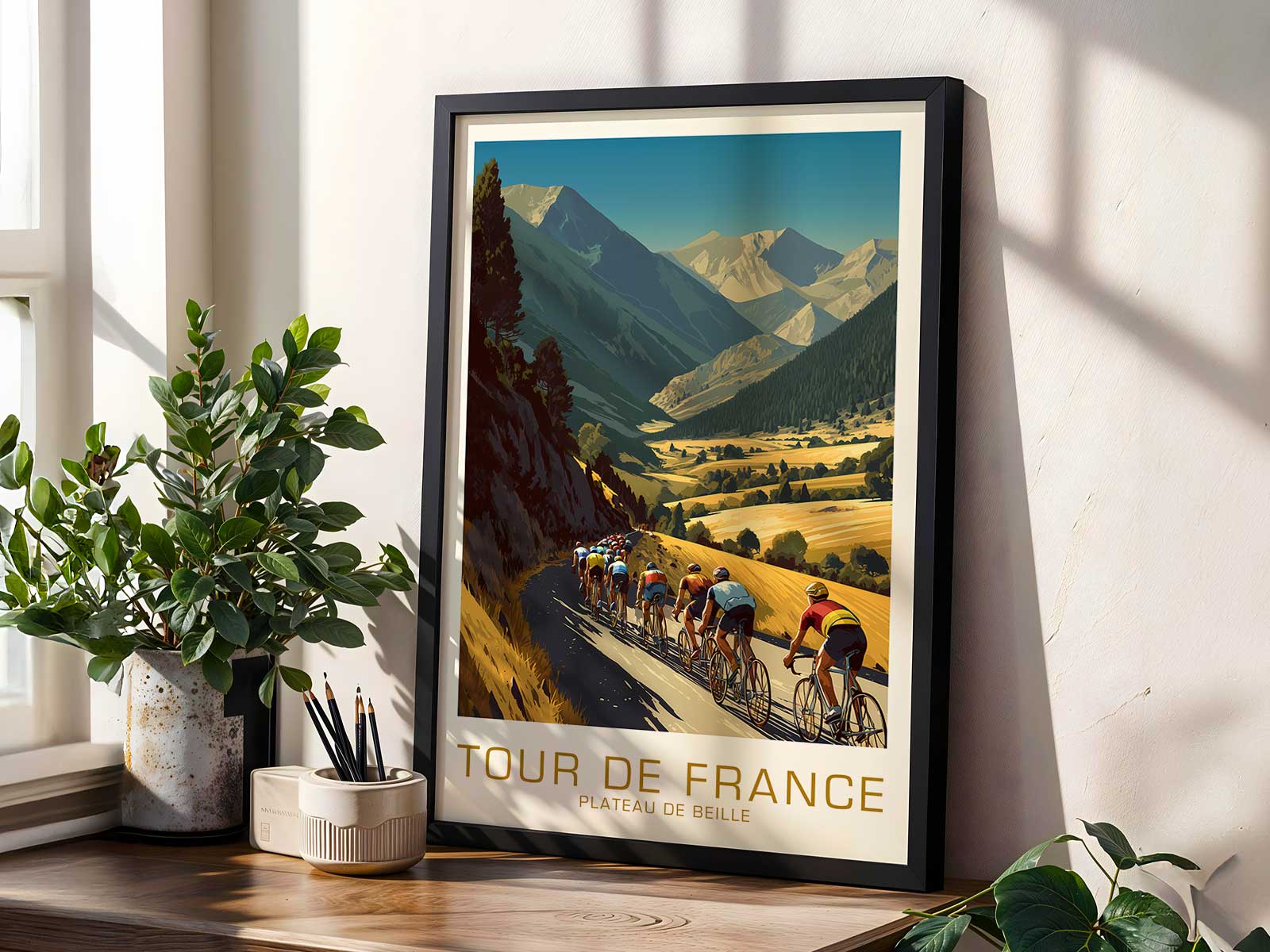 Abstract color study inspired by race-day atmosphere at Plateau de Beille, using bold swathes of yellow, green and alpine…