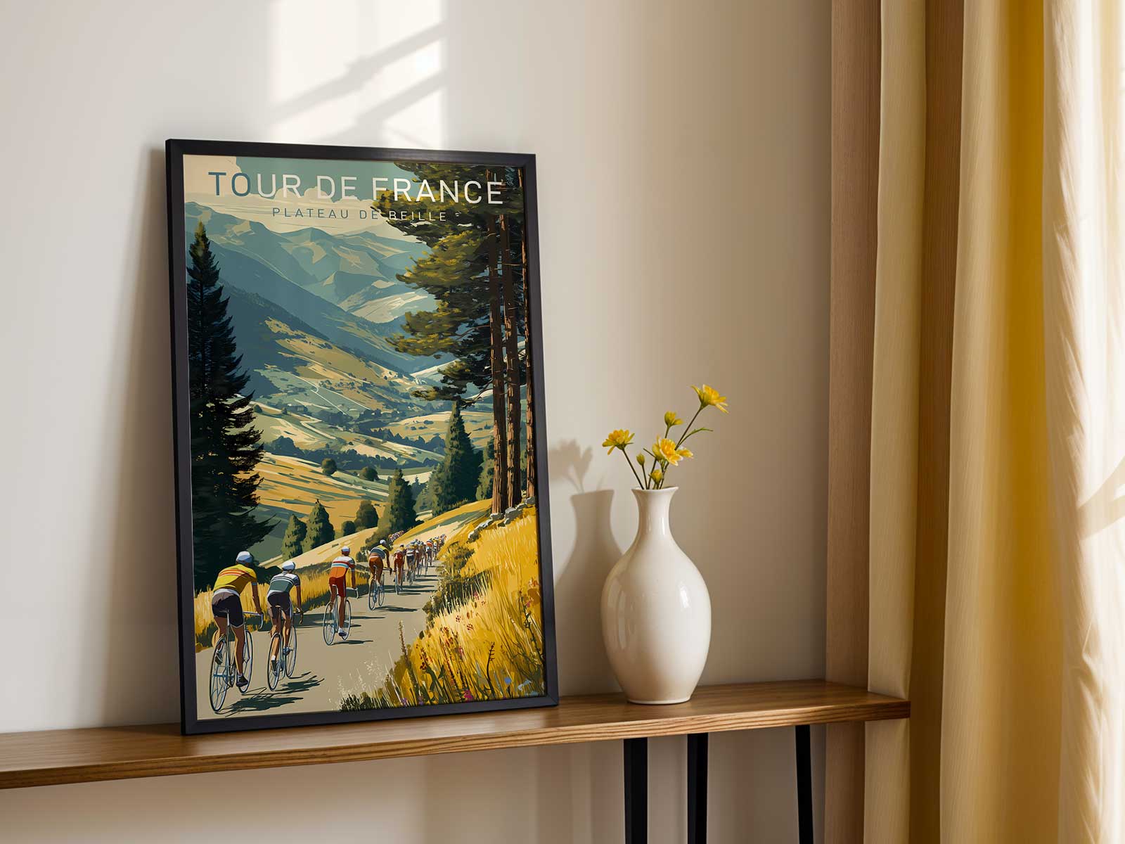Poster using bold, simplified icons—a bike silhouette, mountain crest and route markers—to communicate Tour de France…