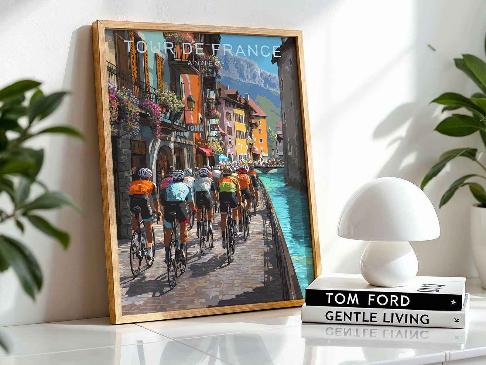 Promenade and picturesque villas by the lake in a vintage poster style, evoking resort elegance and holiday memory