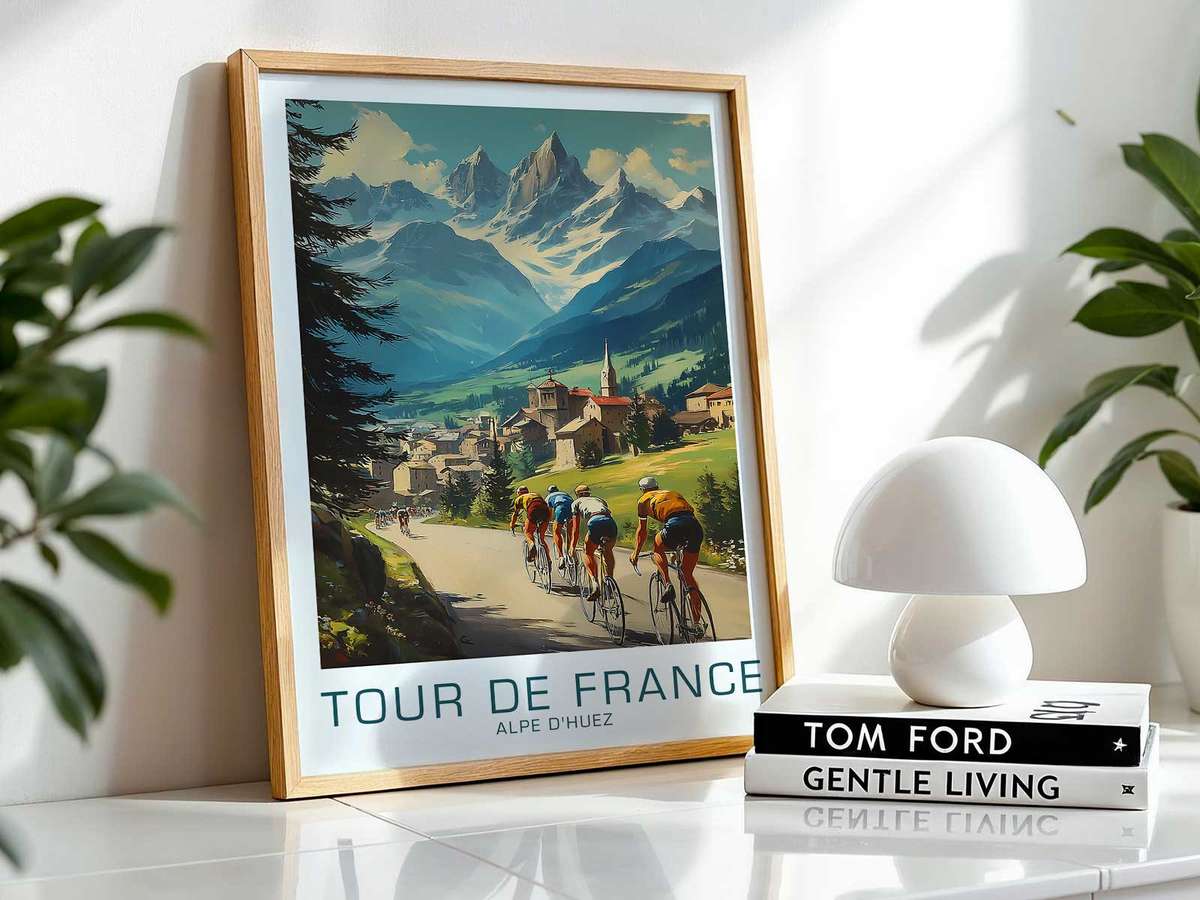Poster depicting the direct relationship between rider and road, with the path leading the eye and the cyclist leaning into…