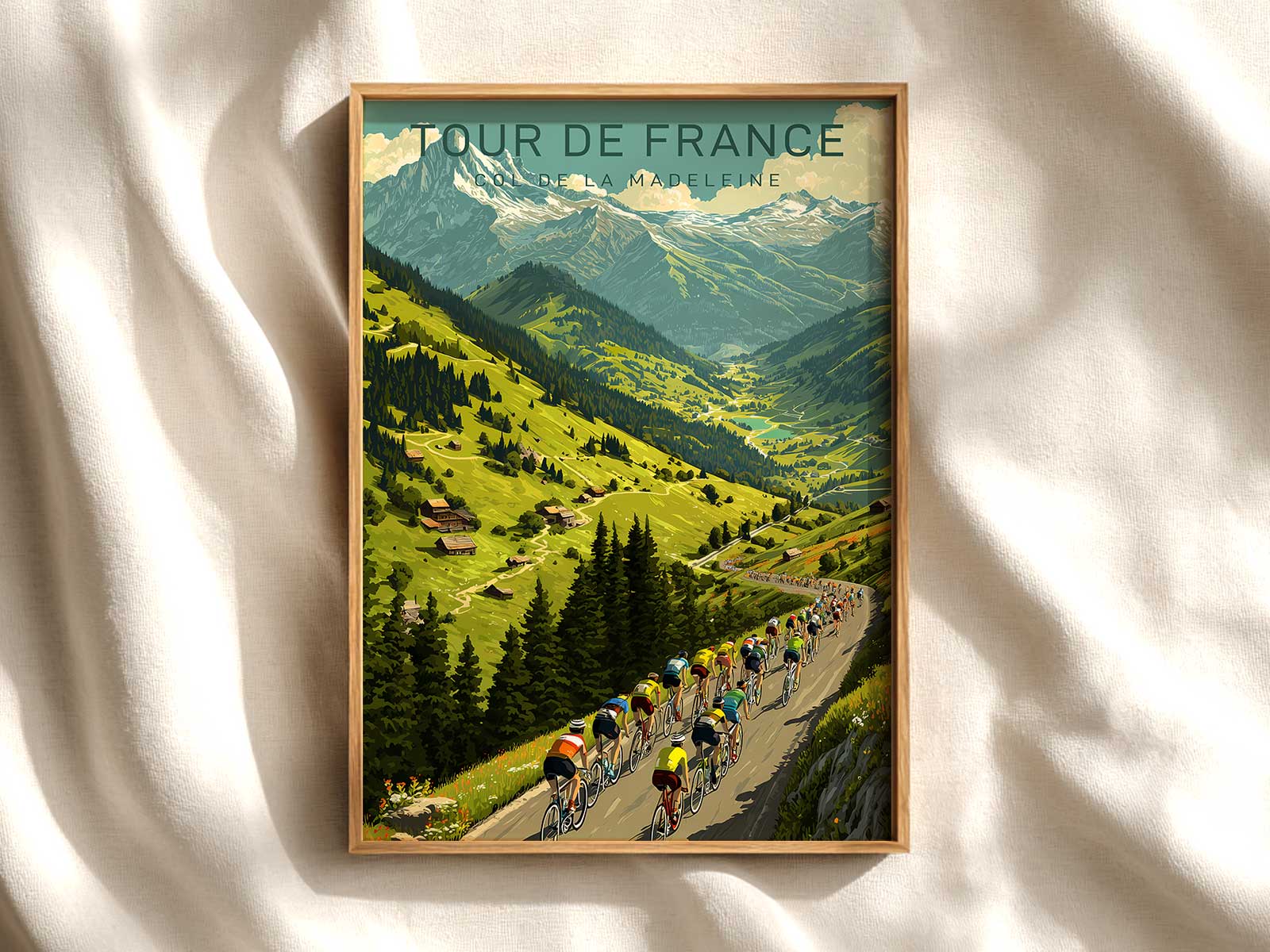 Vintage poster composition showing a long ribbon-like road leading directly to a solitary cyclist, emphasizing the direct…