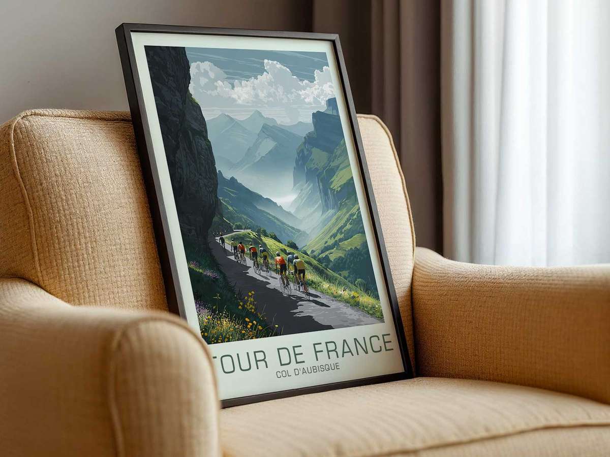 Poster composition with a rocky foreground leading the eye to the distant Col d’Aubisque peak under dramatic light