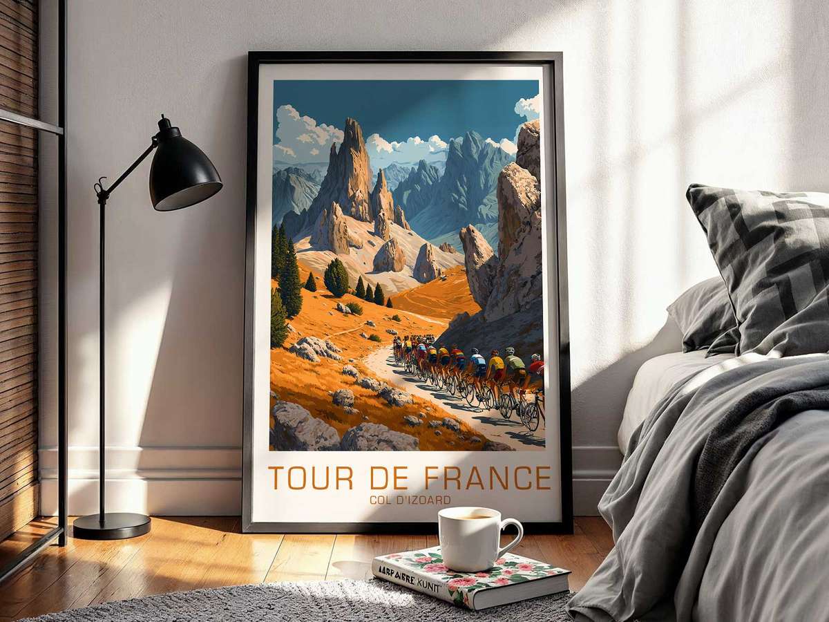 Poster-style depiction of the Col d’Izoard’s rocky, lunar landscape with stark shadows and textured slopes