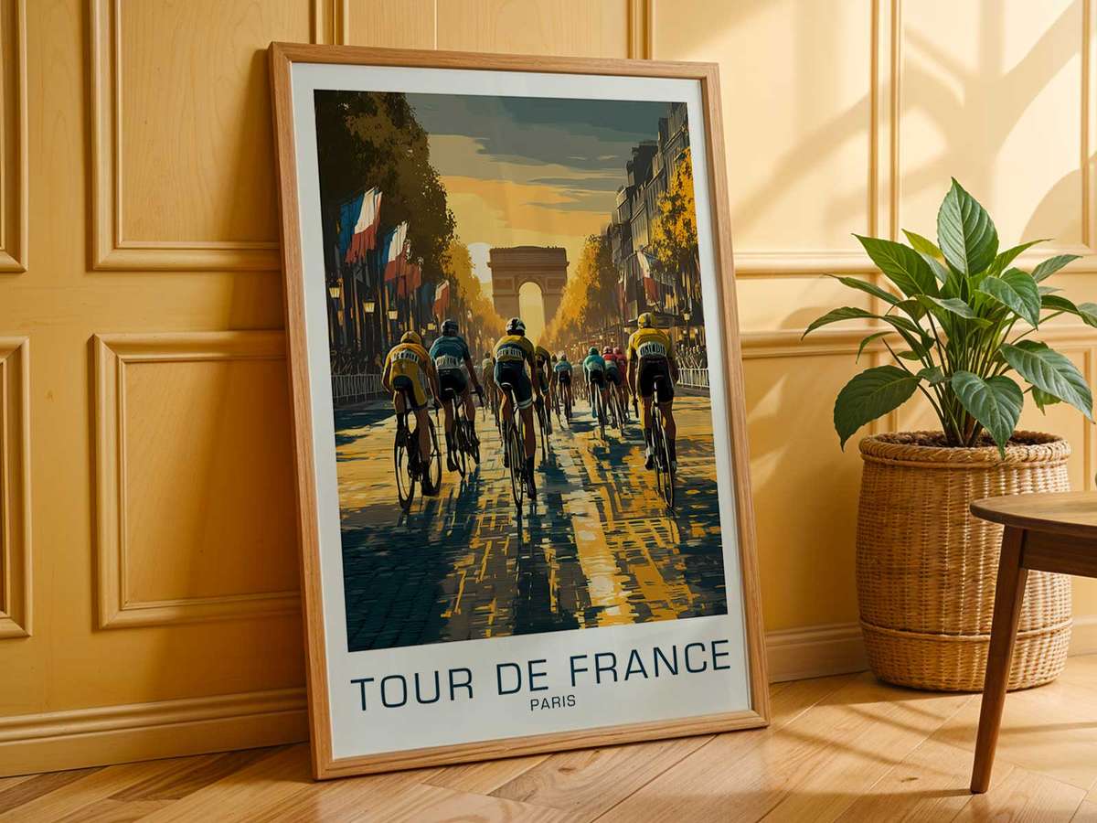 Interior mockup of a living room with the retro Tour de France poster of the Champs-Élysées above a console, showing the…
