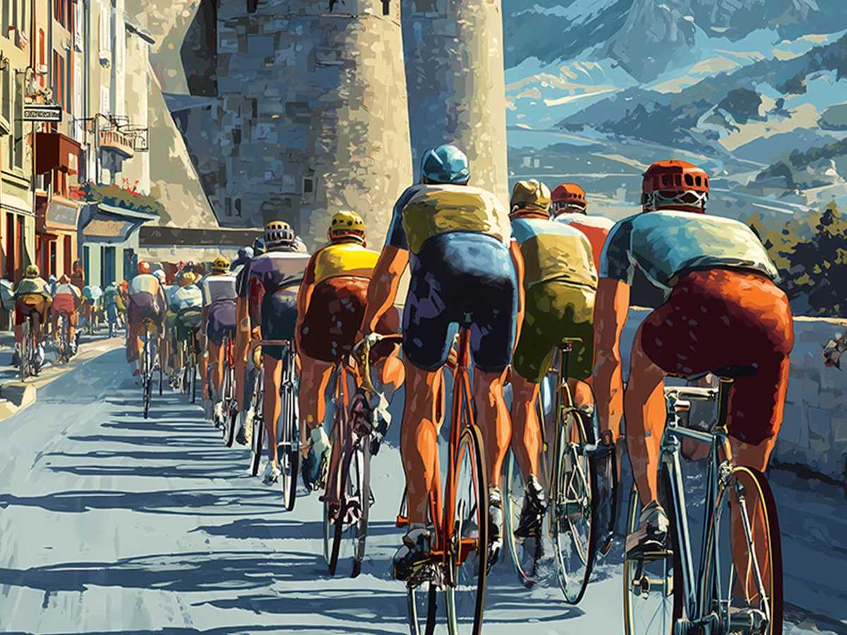 Graphic depiction of a mountain road and cyclist silhouette from a Briançon era poster