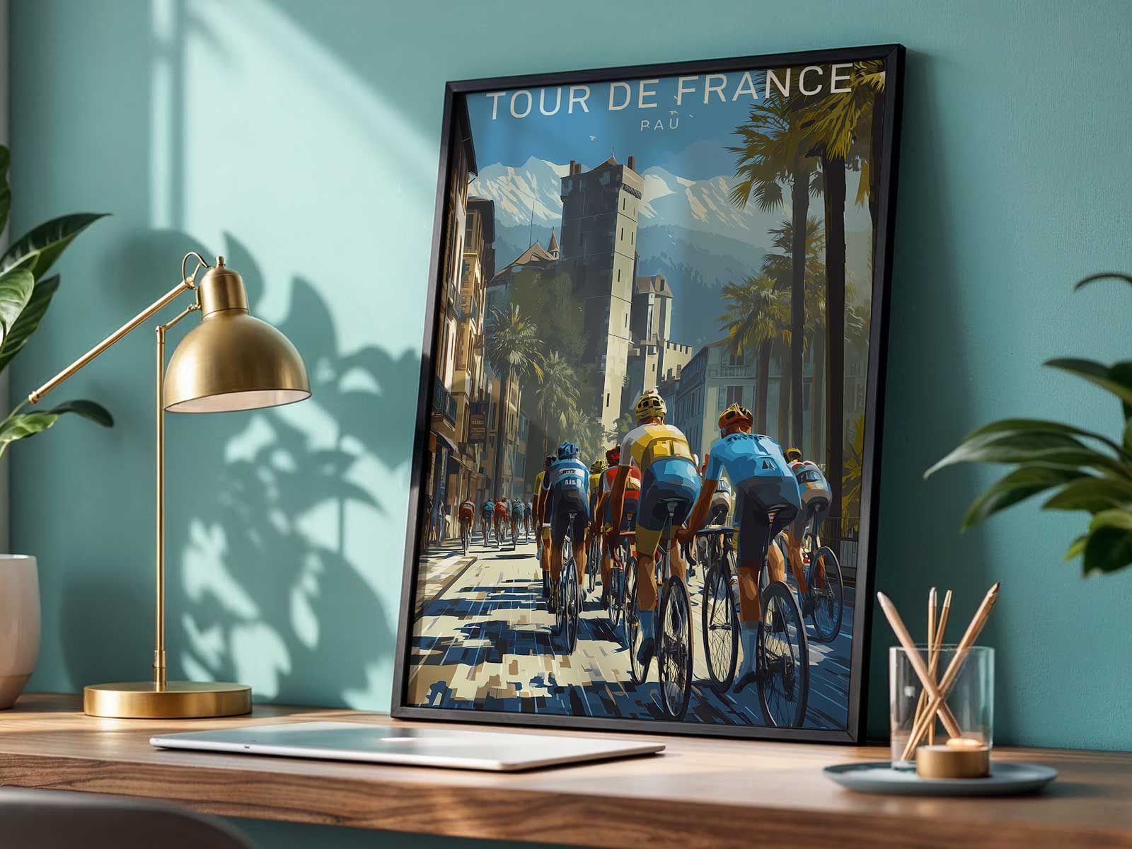 Poster detail highlighting saddle and handlebar materials, referencing Tour de France equipment culture through texture and…