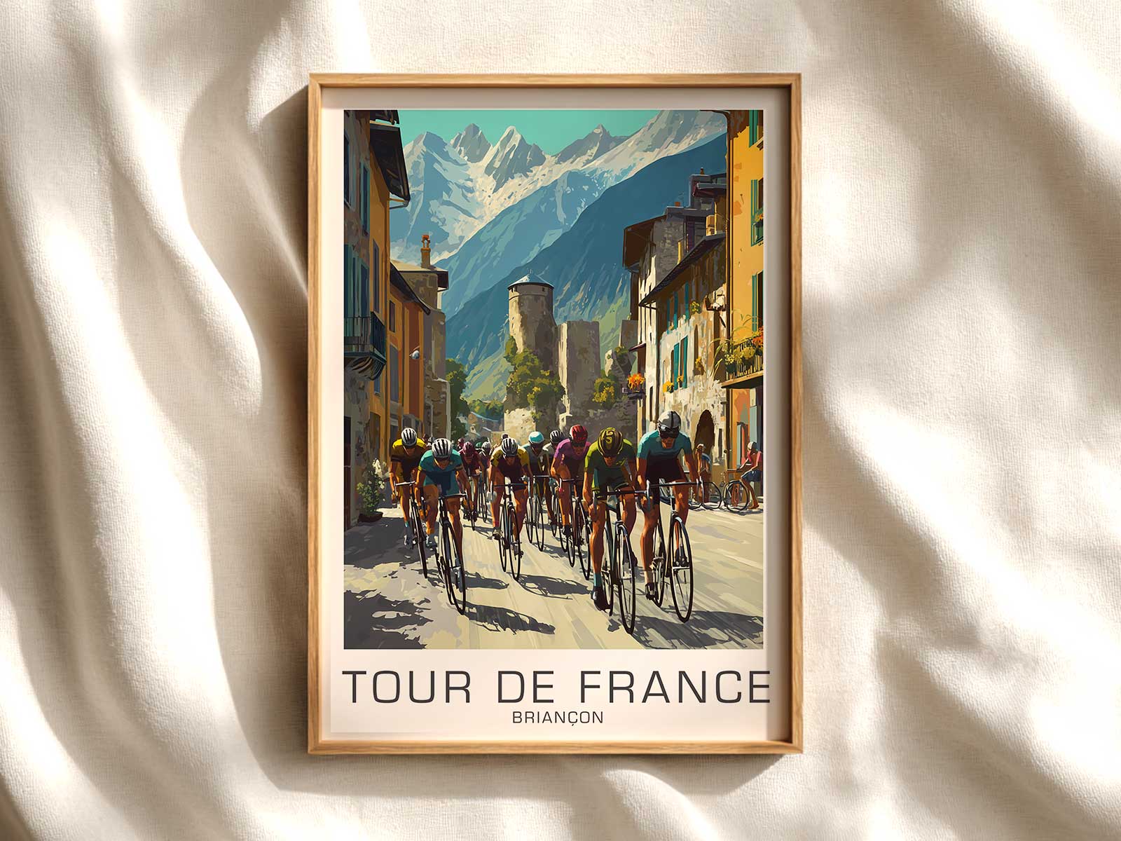 High-contrast poster focusing on the saddle and top tube silhouette set against a stylized Briançon skyline
