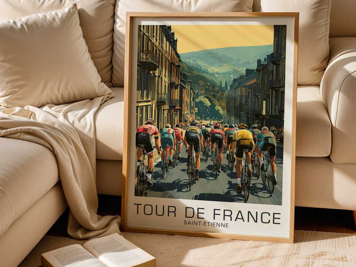 Artistic view of Saint-Étienne as Stage showing climbing effort and open-road atmosphere for bike workshop decor