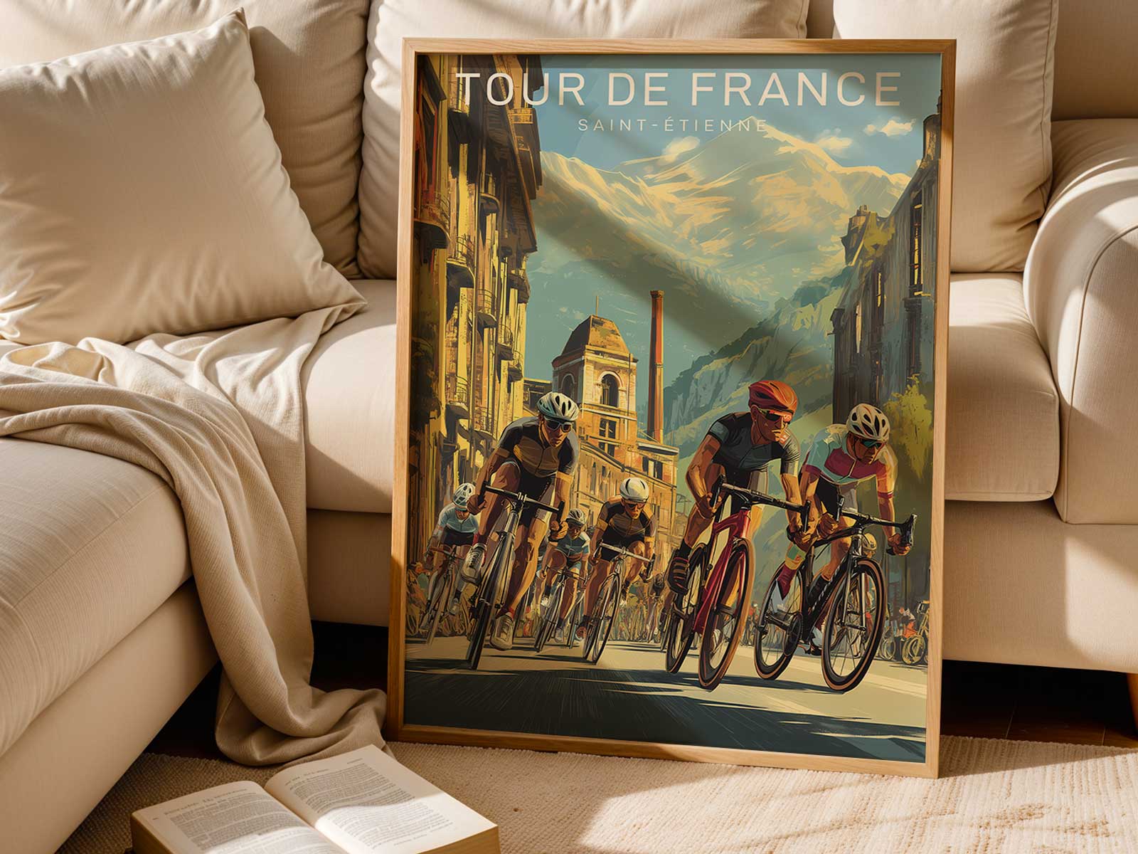 Framed vintage-style Saint-Étienne poster displayed on a neutral wall, showing a classic Tour de France cyclist silhouette…