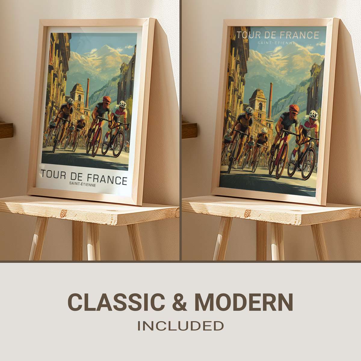 Vintage Tour de France poster featuring Saint-Étienne cityscape and cyclists in retro illustration style