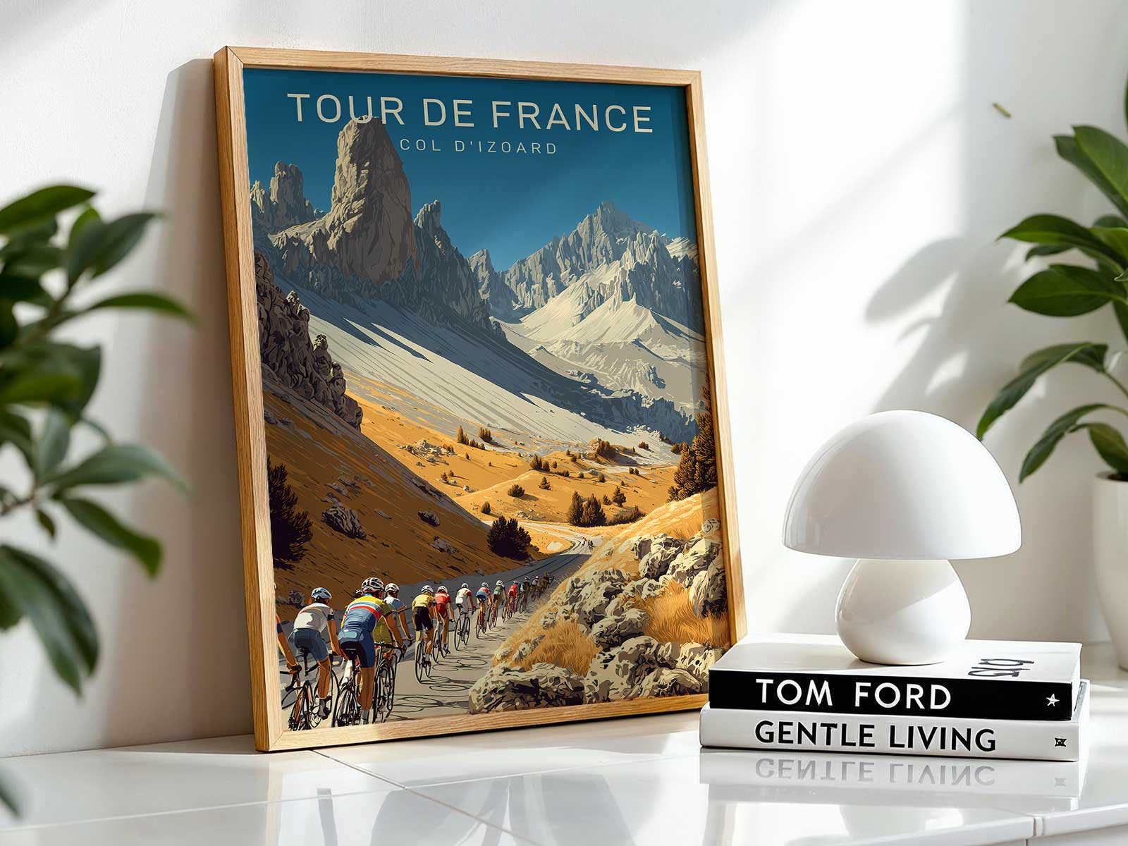 Vintage poster rendering of Col d'Izoard with seasonal color palette and layered shadows across the slope