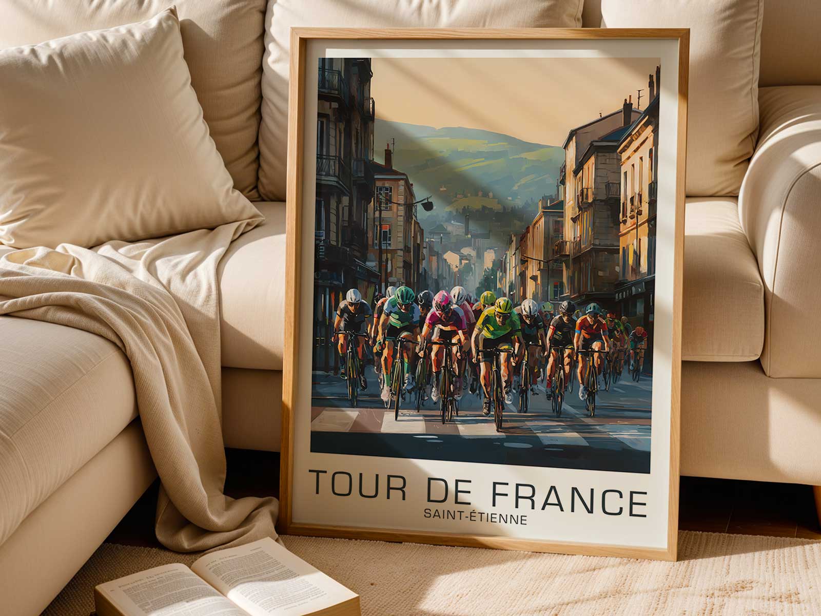Poster focusing on the saddle and seatpost as a sculptural element against Saint-Étienne inspired color fields