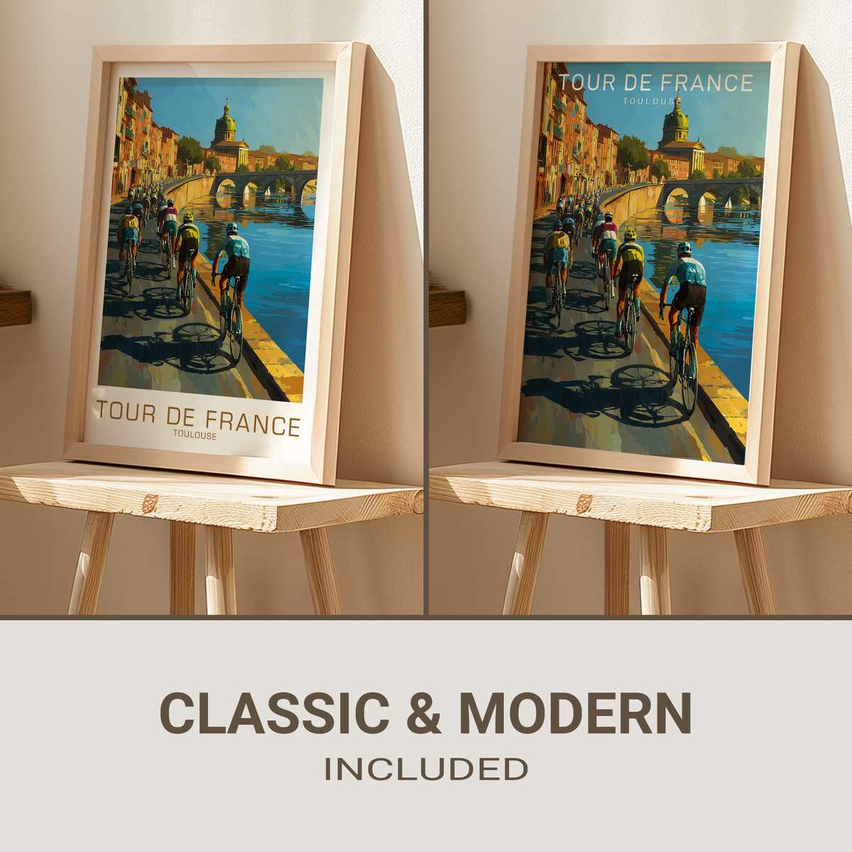 Full view of a vintage Tour de France poster featuring Toulouse landmarks, warm archival paper tones and an illustrated…