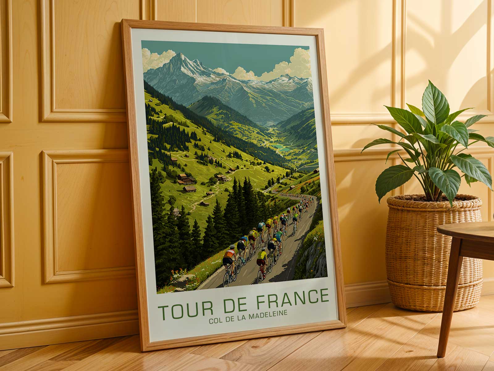 Bold silhouette of a cyclist against a simplified alpine skyline, portraying solitude, stamina and a clear visual focus on…