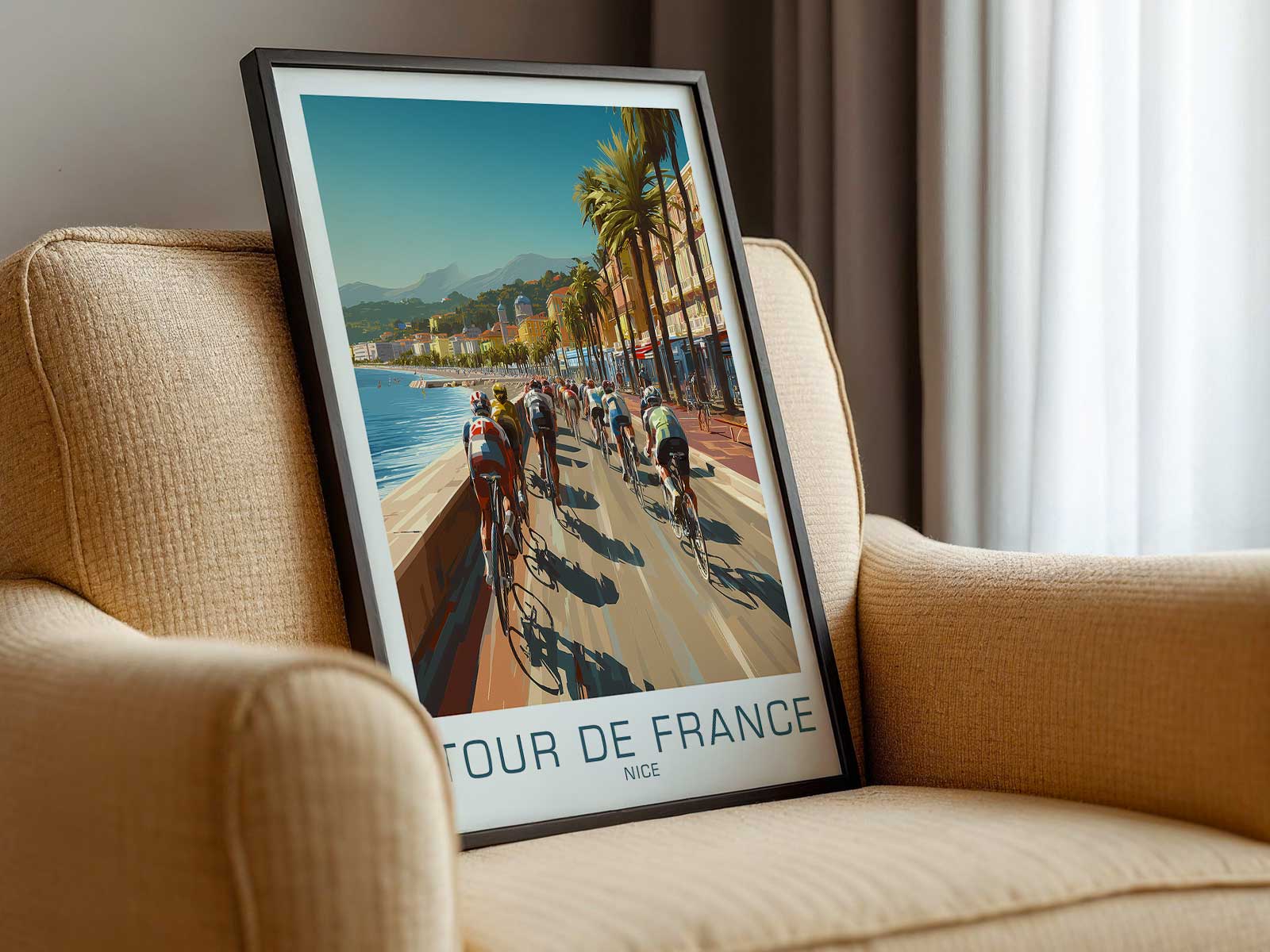 Crowded spectator village and festival area near the Grand Départ sign in Nice, showing the public spectacle of the opening…