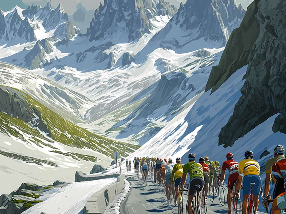 Close view of the mountain road and steep gradient on the poster, highlighting switchbacks and surface texture